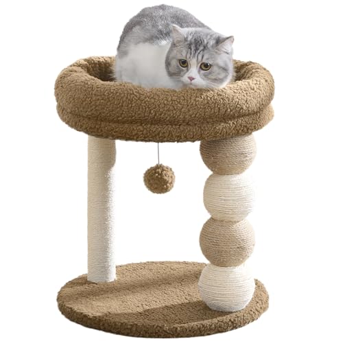 U-YocanPet キャットタワー ミニ 猫タワー 小型 低め 据え置き 省スペース 麻紐爪とぎ シンプル かわいい ボール型猫爪とぎ おもちゃ付き 大きい展望台 組み立て簡単 高さ45cm ブラウン