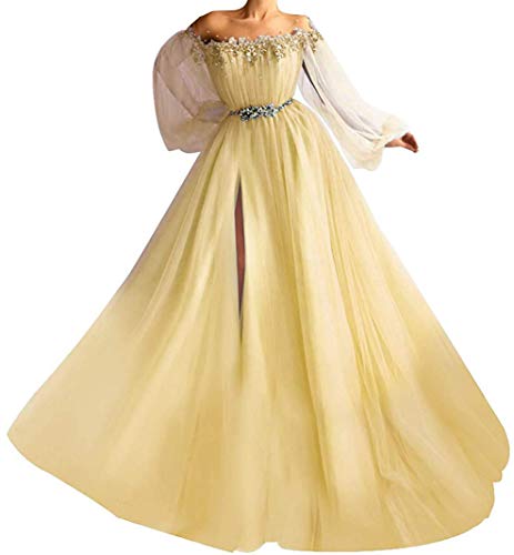 Tsbridal Puffy Sleeve Prom Dresses Ball Gowns for Women Slit Tulle Bead Party Princess Formal Evening Dresses Yellow US 2
