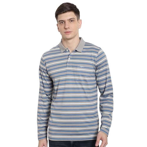 Image of Men's Cotton Full-Sleeve Polo Collar Striped T-Shirt