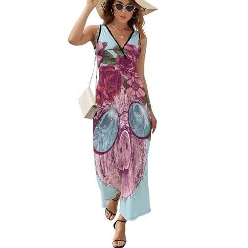 Robe longue d'été sans manches pour femme au motif cochon caricature