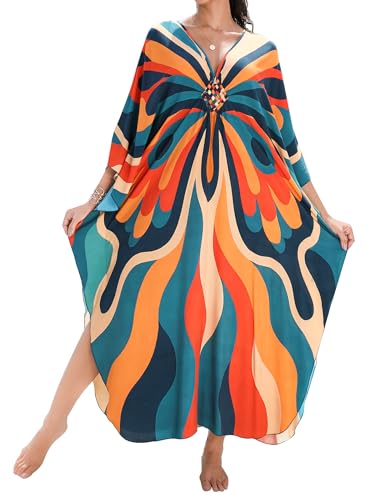 Image of Yanziliu Kaftan Dress for Women,Plus Size Hawaiian Batwing Sleeve Beach Cover Up Summer Swimsuit Dresses