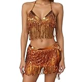 Conjunto de mujer genérico de 2 piezas con lentejuelas de cuello halter con flecos para danza del vientre, top con lentejuelas con cuello en V, sexy chic y falda corta festiva brillante para fiestas