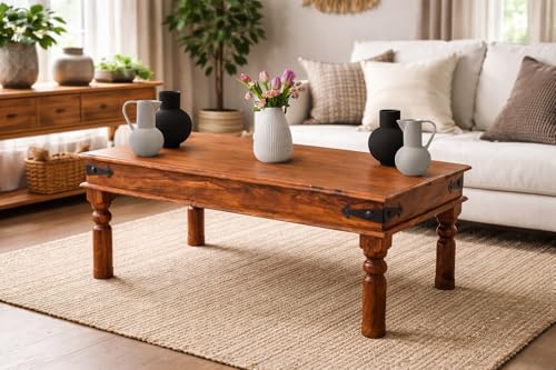 Image of Wooden Rectangle Center Coffee Table for Living Room | Sofa Centre Coffee Table for Home & Office | Sheesham Wood, Brown Finish