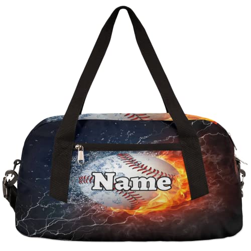 Baseball Custom Name Kids Duffel Overnight Bag for Little Boys Girls Teen, Burning Baseball Personalized Small Gym Sport Duffel Bag Travel Weekender Tote Dance Bag, Customized Kids Gifts