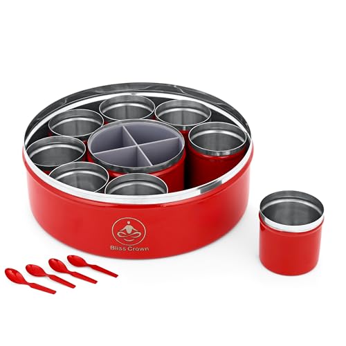Image of 12-in-1 Stainless Steel Spice Box (Royal Red) | Masala Dabba with 8 Containers + 1 Divider (4 Sections) + 3 Spoons | Airtight Kitchen Organizer, Traditional Look