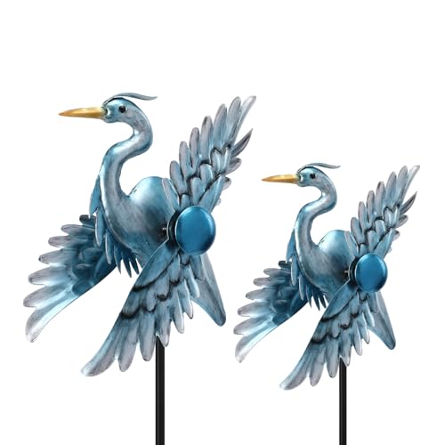 WONDER GARDEN Wind Spinners Outdoor - 2 Pack Small Metal Heron Wind Spinner Windmill, Wind Sculpture for Yard Patio Lawn Decor