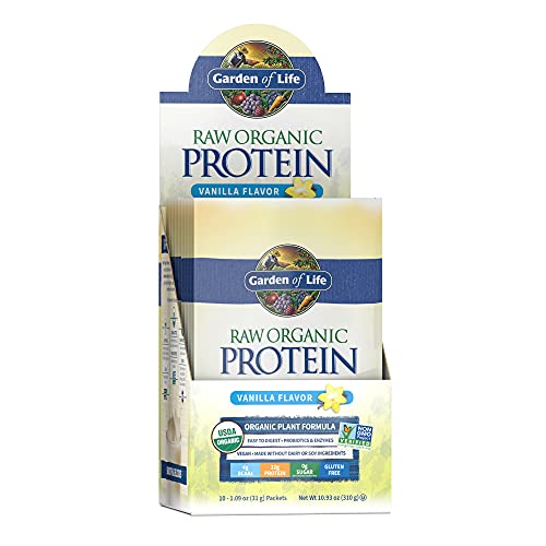 Garden of Life Raw Organic Protein Vanilla Powder Packets, 10ct Tray - Certified Vegan, Gluten Free, Organic & Non-GMO, Plant Based Sugar Free Shake with Probiotics & Enzymes, 4g BCAAs, 22g Protein