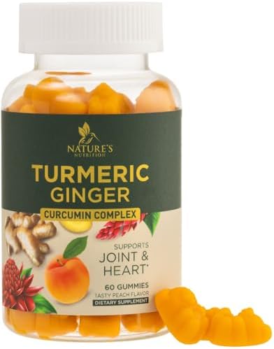 Turmeric Curcumin Supplement Gummies – 95% Curcuminoids with Turmeric & Ginger, Black Pepper for Best Absorption, Nature’s Vegan Joint Support, Non-GMO, Gluten Free, Tasty Peach Flavor – 60 Gummies