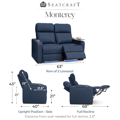 Image of Seatcraft Monterey Home Theater Seating Navy Blue Row of 2 Loveseat | Italian Leather, Wall Hugger, Zero Gravity, Powered Headrest, Power Recline, Zero Gap, USB charging