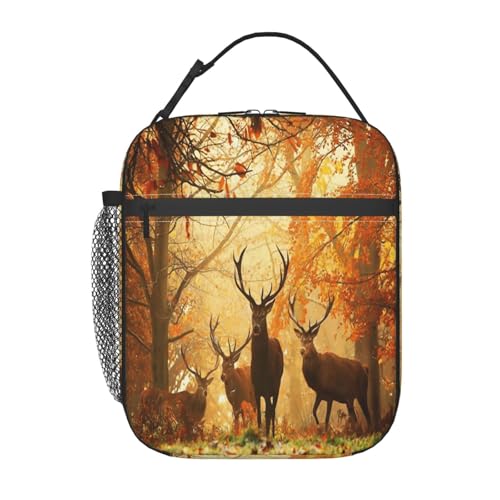 ポータブル断熱ランチバッグ。防水性と漏れ防止性を備え、スタイリッシュで丈夫。仕事、学校、アウトドア活動に最適です。男性にも女性にも適しています(秋の森の野生動物の鹿)。