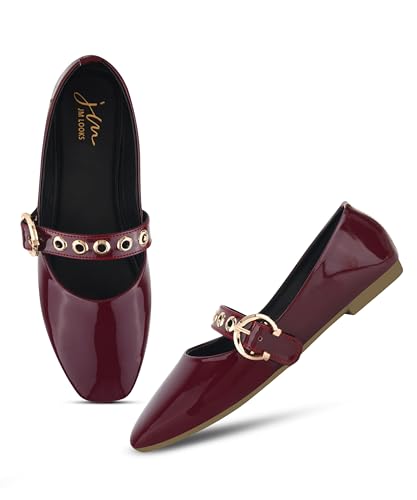 Image of JM LOOKS Modern Patent Mary Jane Flats Featuring Stylish Grommet Eyelet Straps and Adjustable Polished Metal Buckles