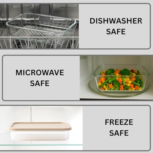 Image of Femora Borosilicate Glass Food Storage Containers with Lids Set of 7 (310ml x2, 520ml x2, 750ml, 1200ml, 1700ml) | Rectangular, Airtight & Leakproof | Microwave & Dishwasher Safe | Beige