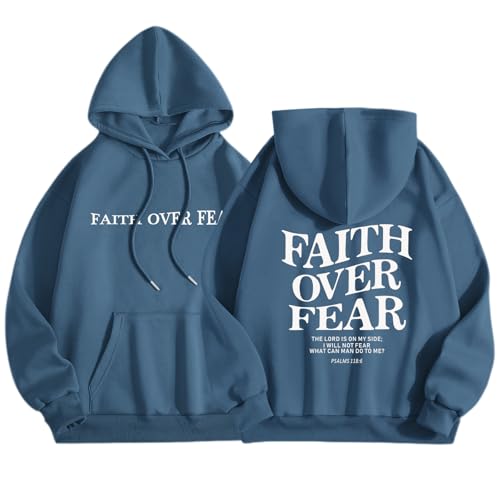 Sulayesh Faith Over Fear Hoodie for Women Christian Jesus Inspirational Sweatshirts Religious Oversized Graphic Pullover Tops (Deep Blue,L)