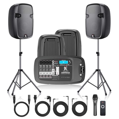 Image of 8-Channel Portable PA System with Bluetooth, Microphone, 2 Speaker Stands, USB, Reverb /Delay Effects - Perfect for Outdoor Events, Parties, Weddings, Church Services (2 x 10 Woofers)