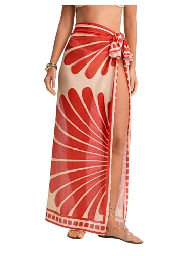 SweatyRocks Womens Sheer Sarong High Slit Swimsuit Coverups Floral Print Tie Side Beach Maxi Skirt Red Large