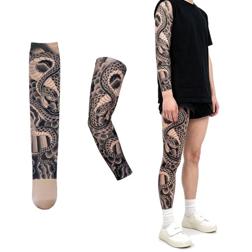 INKARTLINK Temporary Tattoo Stockings and Arm Sleeves Set for Men & Women, Realistic Fake Tattoo Effect, Full Leg & Arm Tattoo Cover, Stretchy Nylon Festival Party Accessories (Black and Grey Snake)