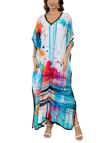 Image of IMAGEKOPE Women's Plus Size Loose Fit Moroccan Print V-Neck Batwing Kaftan Beach Dress Bathing Suit Cover Up