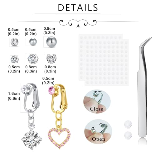 QWALIT Gold Fake Belly Piercing Cubic Zircon Butterfly Clip on Belly Button Rings Stick on Navel Ring Studsnon Piercing Fake Piercing Jewelry Pink Heart Silver Sticky Balls no Pierced2