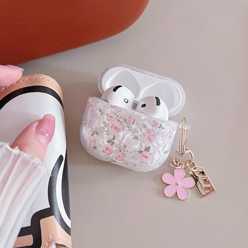 Image of MINSCOSE for Cute Glitter AirPods 4 Clear Case,Shell Pattern Flower Design with Girly Floral Keychain,Soft TPU Protective Cover with Cleaner Kit for AirPods 4th Generation-Pink