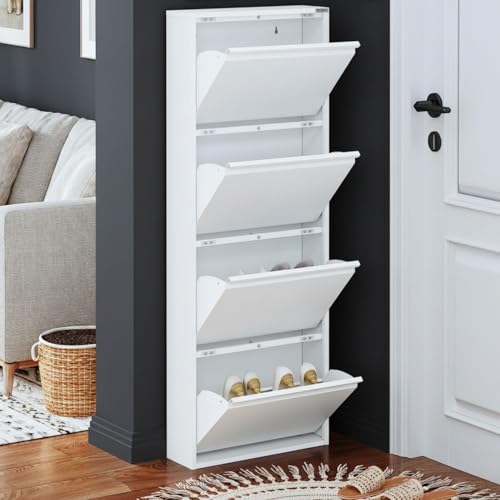 VEEHAUS Schuhregal Schmal Metall Schuhschrank Hoch Schuhkipper mit Magnetische Abdeckung Metall Montiert Schuhschrank Schmal und Wandmontage (Wei&szlig;, 4 Klappen)