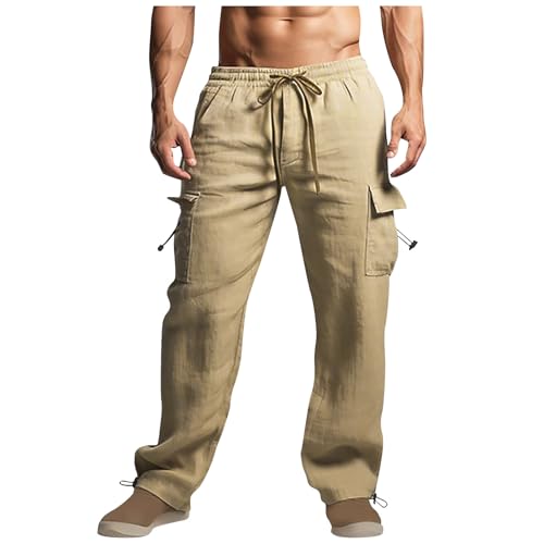 Men's Cotton Linen Cargo Pants Drawstring Elastic Waist Lightweight Athletic Track Pants Multi-Pocket Lounge Pants