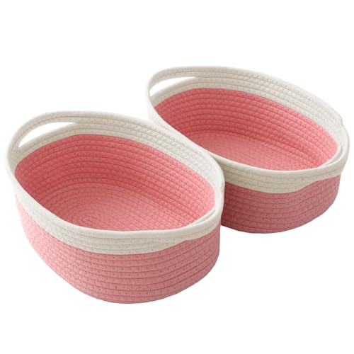 Image of JMvicyroam Small Woven Basket, Empty Gift Basket, White&Pink /2 Pack | Small Gift Basket, Cotton Rope, 12 x 8 x 70 in, Handles, Includes Ribbon and Bag, Birthday Gift Basket