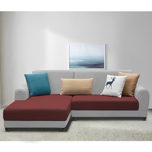 Image of Kraven LHS 4 Seater L Shape Sofa Set for Living Room (Maroon Grey Fabric) Premium Fabric Sofa