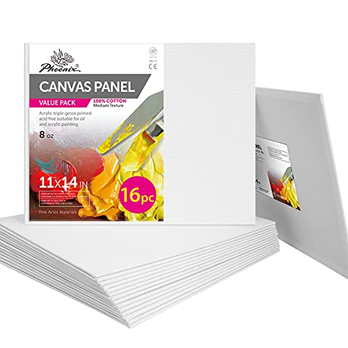 Phoenix Painting Canvas Panels 11X14 Inch, 16 Bulk Pack - 8 Oz Triple Primed 100% Cotton Acid Free Canvases For Painting, White Blank Flat Canvas Boards For Acrylic, Oil, Watercolor & Tempera Paints #TOP15