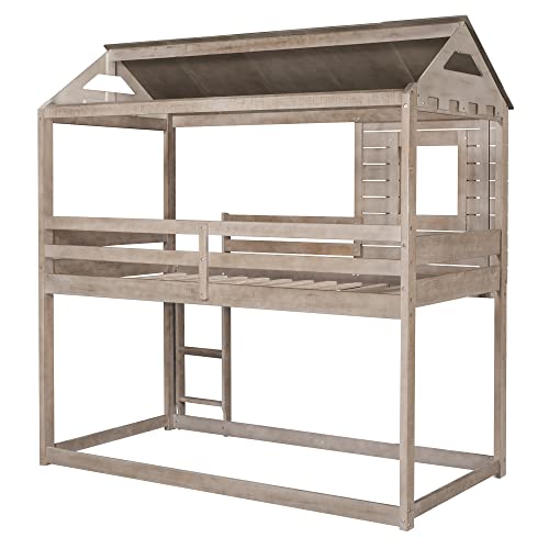 Lifeand Twin Over Twin Bunk Bed With Roof, Window, Guardrail, Ladder For Kids Teens (Antique Brown) #TOP6