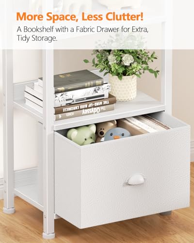 Image of Furologee 6 Tier Bookshelf, Tall Shelf with Drawer, Wood and Metal Bookshelves Storage Organizer, Modern Display Shelving Unit for Bedroom, Living Room, Home Office, White