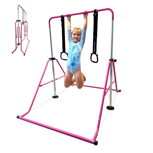 Eliteway Kids Gymnastics Bar Set - Adjustable Height Folding Horizontal Bar with Gymnastic Rings for...