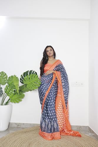 Image of RADHA LAKSHMI Pure Soft Cotton Ikkat Hand Print Women's Saree with Blouse Piece, Grey Dhumketu