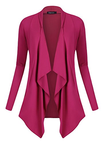 Urban GoCo Mujeres Cárdigan Drapeado de Manga Larga Chaqueta con Frente Abierto Rebecas Dobladillo Irregular Fucsia M