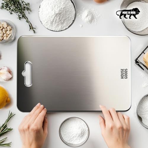 Image of HOUSEGOODS Steel Chopping Board for Kitchen, Large 35 X 25 CM, Premium 304 Grade Stainless Steel Cutting Board, Rust-Free, Anti-Bacterial, Chef Approved, Ideal for Vegetables, Fruits, Meat