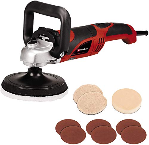 Einhell Polier- und Schleifmaschine CC-PO 1100/150 E (1100 W, 3500 min-1, Ø150 mm Schleifplatte, inkl. 2x Schaumstoffaufsatz, 4x Synthetikpolierhaube, Schleifpapiere 4x K60, 4x K80, 4x K120, Koffer)