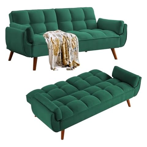 QIAYA Futon Sofa Bed 76 inch, Convertible Sectional Fabric Sleeper Couch, Splitback Loveseat with Tapered Legs, Modern Lounge for Living Room, Study, Bedroom, Apartment, Office, Green Cover