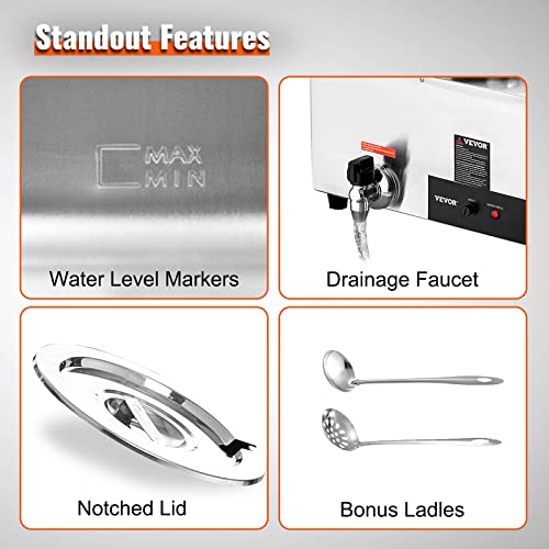 VEVOR Edelstahl Buffetwärmer Speisewärmer 1200 W, 2 x 8,1 L Buffetbehälter, φ180 x φ240 x 220 mm Jeder Suppentopf, inkl. Deckel & Ablaufhahn & Trockenbrennanzeige, für Kantine, Café, Restaurant usw. – Bild 7