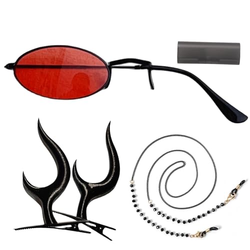 HSJZBQSM Hazbin Hotel Cosplay Alastor Props Peluca Roja Gafas Monoculares Diablo Becerro Cuernos Alastor Cosplay Accesorios (04, Talla única)