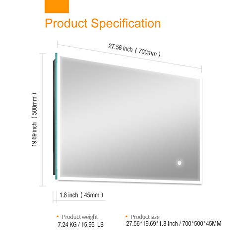 Janboe Led Illuminated Bathroom Mirror Wall Mounted Bathroom Vanity Mirror with Touch Switch for Makeup Cosmetic Shaving 700x500mm