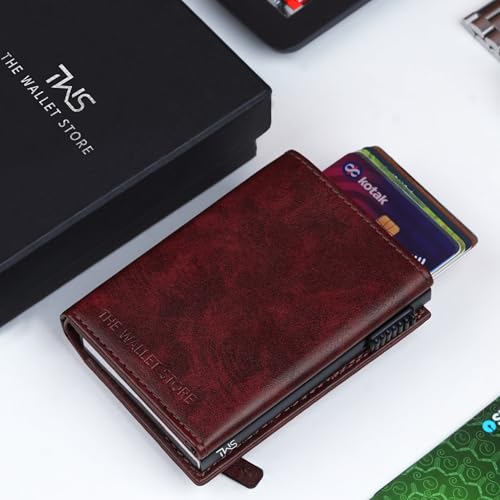 Image of The Wallet Store Defender RFID Protected Wallet | Pop-up Card Holder | Scan Proof Wallets for Men | Aluminium Case | Up to 8 Cards | Credit & Debit Card Holder (Wine)