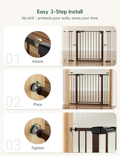 Image of Babelio Pressure Mounted 26-40 inch Baby Gate for Stairs, PressGuard I, Brown
