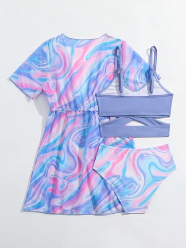 Image of WDIRARA Toddler Girl's 3 Piece Swimsuits Marble Print Criss Cross Bikini Set Bathing Suit with Beach Kimono Cover Up Purple 7Y