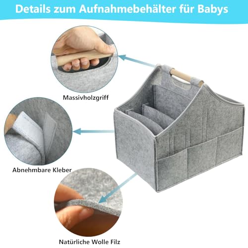 AEESRRU Baby Windel Caddy Organizer Korb tragbar Storage Bin groß Kindergarten Tasche mit Wechselbaren Fächer für für Wickelkommode, Beißring, Windel, Best Baby Geschenk Korb (Hellgrau 2)