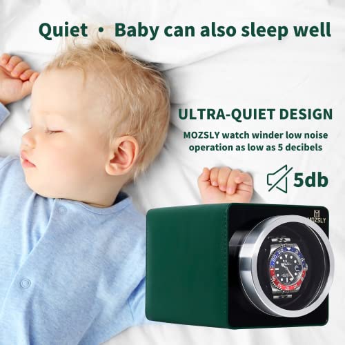 MOZSLY Uhrenbeweger für Automatikuhren mit leisem Motor und 12 Drehbewegungen AC Adapter Batteriebetrieben Grünes Leder