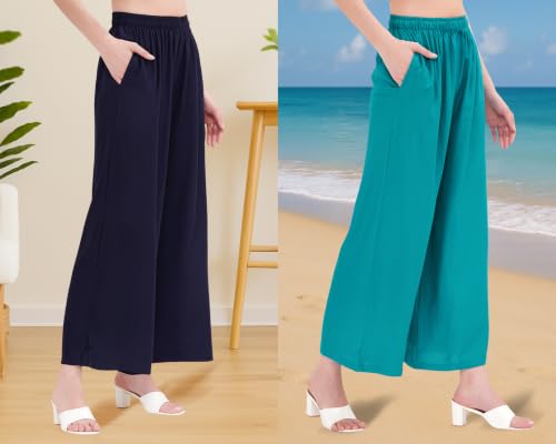 Image of Buy That Trendz Palazzo Pants for Women Cotton Rayon Elasticated Regular Fit Flared Wide Leg M to 6XL Pack of 2