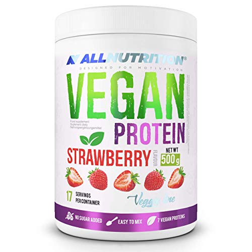 ALLNUTRITION VEGAN Isolat de protéines à base de soja Six plantes Croissance musculaire Fitness Bodybuilding Sans sucre Sucré avec du xylitol et du sucralose Savoureux et sain 500 g Fraise Cover