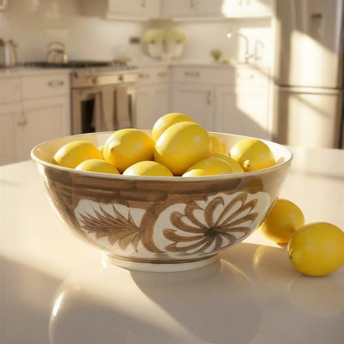 Image of Creative Co-Op Hand-Painted Stoneware Bowl with Water Color Floral Design, Brown