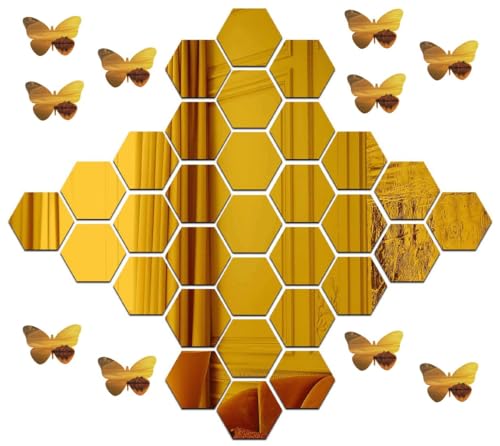 Image of Wall1ders Hexagon 30 Golden 10 Butterfly Acrylic Mirror Wall Stickers.