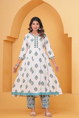 Image of Women's Indigo Blue Printed Anarkali Kurta with Palazzo Set, Long Sleeve V-Neck Ethnic Wear (IN, Alpha, L, Regular, White)