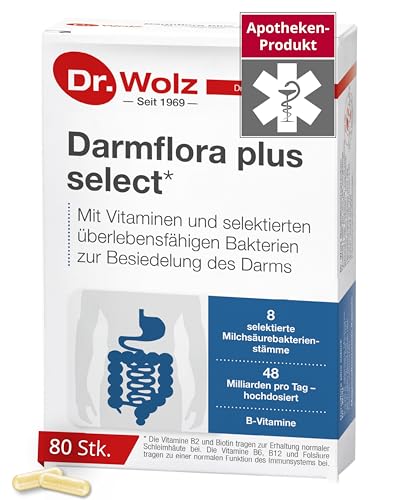 Dr. Wolz Darmflora plus select* - 80 Kapseln hochdosiert - 8 Milchsäurebakterien-Stämme - 48 Mrd Bakterienkulturen pro Tag - Kulturen Komplex für Darmschleimhaut & Immunsystem - Darm-Kur* - vegan